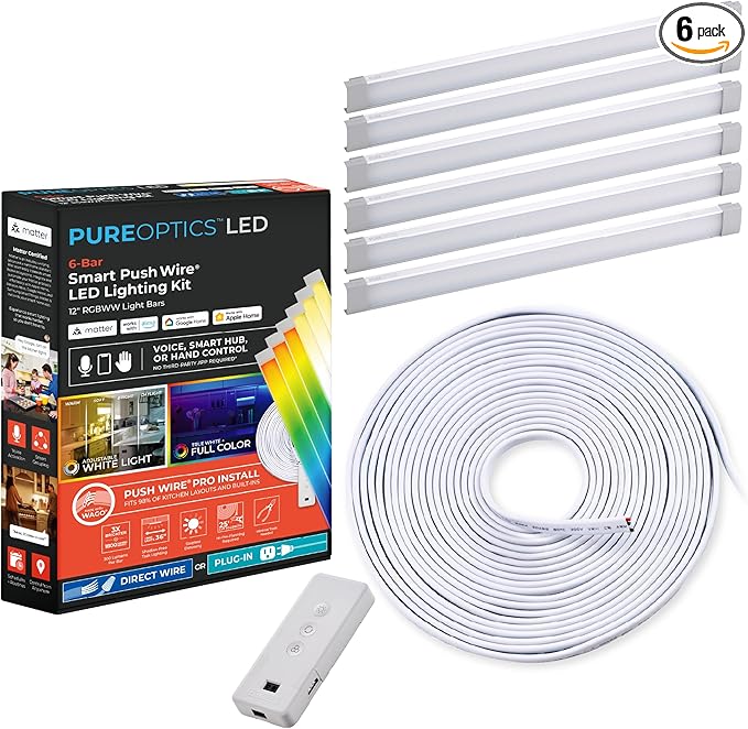 PureOptics LED Professional Push Wire® Matter Certified Smart Under Cabinet Lighting Kit, Adjustable White and RGB LEDs, Works with Alexa, Apple Home, Google Home, (6) 12" Bars
