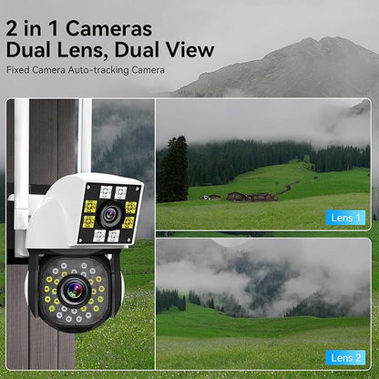 Dual Lens Indoor Security Camera - 2.4G WiFi, 360° PTZ Waterproof Camera, Battery Operated Camera for Home Indoor Seguridad Surveillance