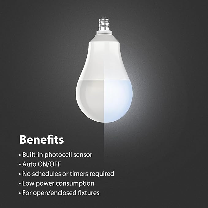 Feit Electric LED Built-in Dusk to Dawn Sensor Intellibulb - A19 with an E12 Candelabra Base Light Bulb - 60W Equivalent - 15 Year Life - 800 Lumen - 5000K Daylight