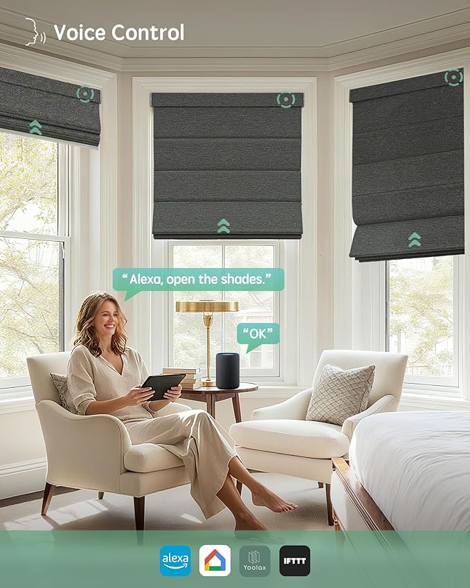Yoolax Motorized Roman Shades with Remote, Smart Roman Shades for Windows, Blackout Automatic Blinds Work with Alexa, Google Home, Apple Homekit for Living Room Bedroom, Customized (Rock Stripe)
