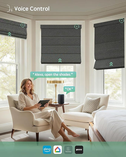 Yoolax Motorized Roman Shades with Remote, Smart Roman Shades for Windows, Blackout Automatic Blinds Work with Alexa, Google Home, Apple Homekit for Living Room Bedroom, Customized (Rock Stripe)
