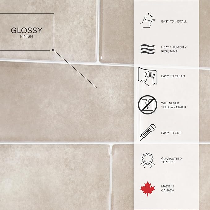 Smart Tiles Peel and Stick backsplash, Subway Taupe Gray, 11.55"x8.38" | Pack of 5 (2.8 sq ft), Glossy, Heat/Moisture Resistant, Low VOC, Kitchen/Bathroom, Renter Friendly, Made in Canada