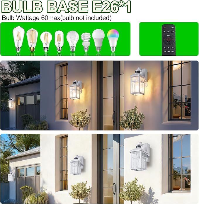 2 Pack Porch Light with Outlet and Remote Control - Plug in Outdoor Wall Lights with GFCI Exterior Lighting Fixtures Adjustable 3 Sensitivity Levels and 1-10min Delay for Porch, Patio, Entryway(White)