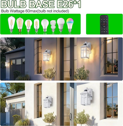 Porch Light with Outlet and Remote Control - Plug in Outdoor Wall Lights with GFCI Exterior Lighting Fixtures Adjustable 3 Sensitivity Levels and 1-10min Delay for Porch, Patio, Entryway(White）