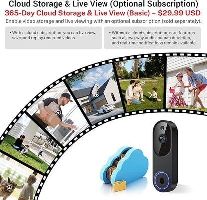 Orbitell Wireless Wi-Fi Video Doorbell Camera with Two Way Audio, AI Motion Detection, Night Vision and Cloud Storage, 2.4G Wi-Fi only, Indoor/Outdoor, IP65 Weather Resistant (Black-NoChime)