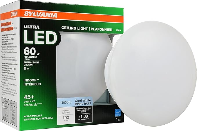 Sylvania Ultra LED Porcelain Ceiling Light Fixture, 60W = 9W, Energy Star, Non-Dimmable, Medium Base, 4000K, Cool White - 1 Pack (75081)