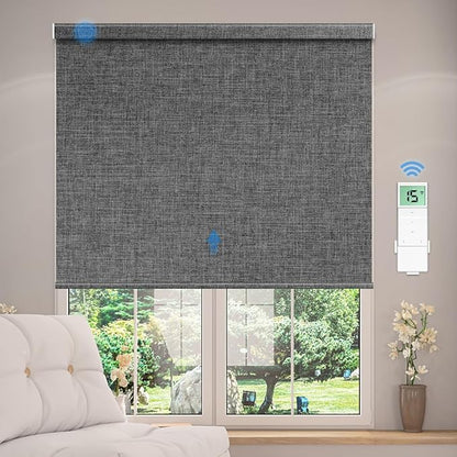 Tokblind Motorized Blackout Roller Shade Fabric Covered Valance and Bottom Rod, Remote Control Electric Window Blind Compatible with Alexa Google via Hub, Custom Size (Dark Grey - Wrapped Fabric)