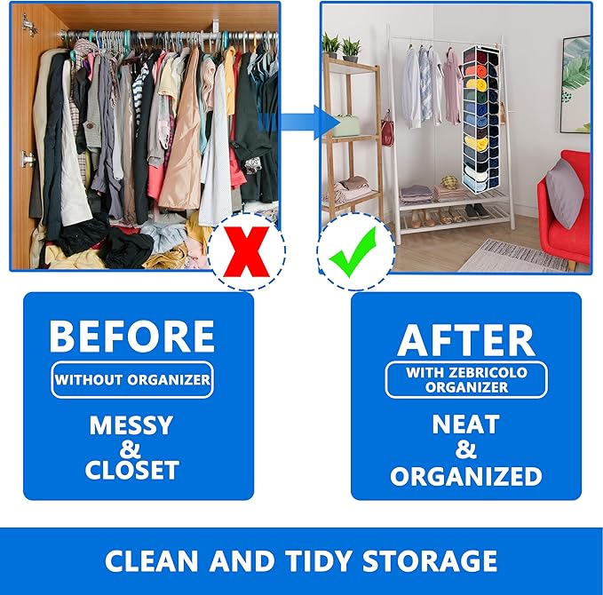 Closet Organization,24 Section, Hanging Closet Organizer, Space saving, College Dorm Essentials for Girls, heavy dutys hooks Up to 45 Pounds, Clothes Storage,Closet Organizer,Black/White