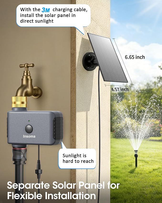 Insoma Solar WiFi Water Timer for Garden, 365-Day Power, Brass Inlet | Solar Panel+Type-C Dual Power, APP&Voice Control, Alexa/Google Compatible, Rain Delay+Manual Mode, WiFi Direct, 2.4GHz, IPX6