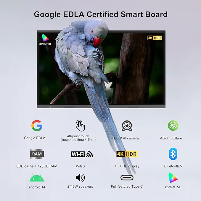 65" 4K Smart Board,Google EDLA Certified with 50MP AI Camera,40-Point Touch Digital Whiteboard,Android 14, 8+128GB,SmartBoard for Classroom Office Home（Wall Mount Included） (65 Inch)