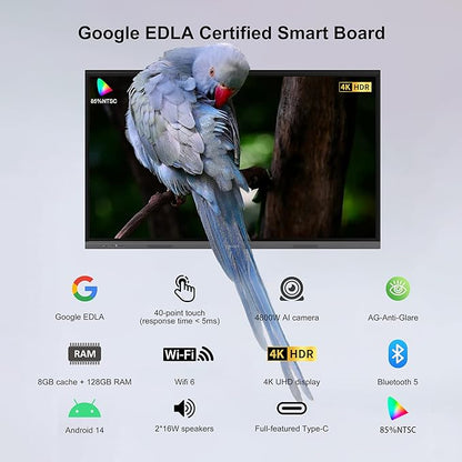 65" 4K Smart Board,Google EDLA Certified with 50MP AI Camera,40-Point Touch Digital Whiteboard,Android 14, 8+128GB,SmartBoard for Classroom Office Home（Wall Mount Included） (65 Inch)