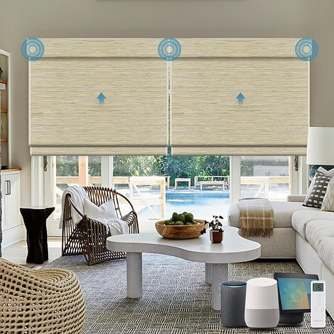 Motorized Roman Woven Woods Shades Work with HomeKit/Alexa/Google Home, Cordless Motorized Roman Shades,Electric Roman Blinds Custom Size,Crocheting Pale