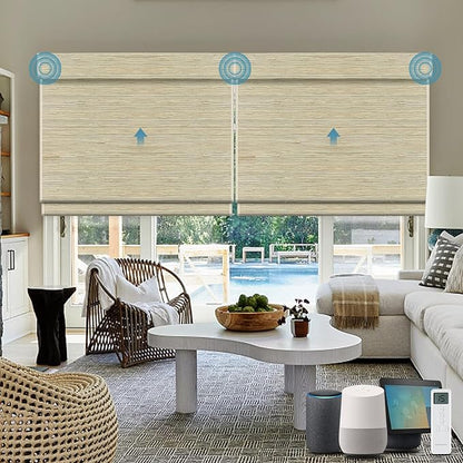 Motorized Roman Woven Woods Shades Work with HomeKit/Alexa/Google Home, Cordless Motorized Roman Shades,Electric Roman Blinds Custom Size,Crocheting Pale