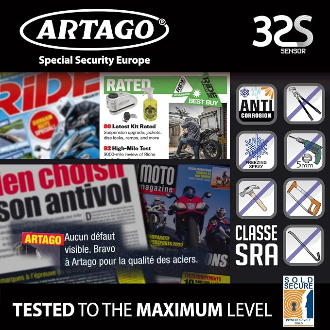 ARTAGO 32 State-of-the-art Motorcycle Disc Lock 2in1 | Smart Alarm, 120dB, Don't Touch Warning | Exclusive SAA Triple Locking, SRA & Sold Secure Gold Approved, Stainless Steel, Brake Anti-Theft Device