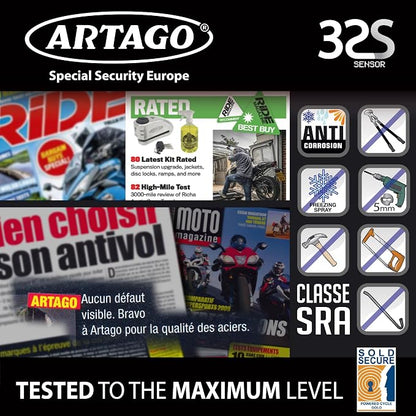 ARTAGO 32 State-of-the-art Motorcycle Disc Lock 2in1 | Smart Alarm, 120dB, Don't Touch Warning | Exclusive SAA Triple Locking, SRA & Sold Secure Gold Approved, Stainless Steel, Brake Anti-Theft Device