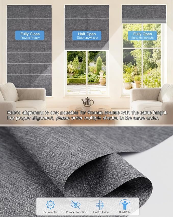 Motorized Roman Shades for Windows, Custom Light Filtering Roman Blinds with Remote, Smart Privacy Window Shades for Living Room Kitchen Office, Alexa & Google Home Compatible, App Control via RF Hub