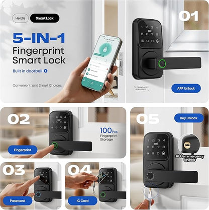 Smart Door Handle Lock, Heittis Fingerprint Smart Lock with Touchscreen Keypad - Keyless Biometric Deadbolt Door Knob for Front Door, Bedroom, Interior or Exterior Use (Black, App Control)