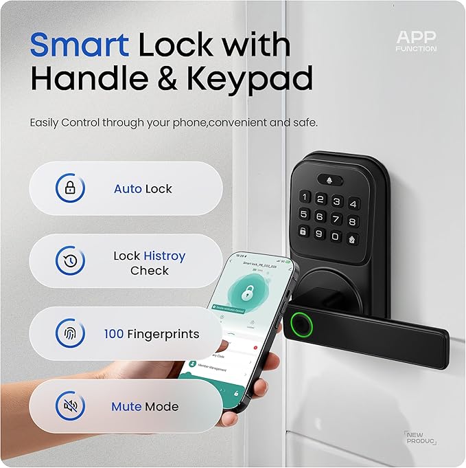 Keypad Door Lock with Handle, Heittis Smart Door Handle Lock - Keyless Entry Electronic Digital Lock with Code for Front Door (Black