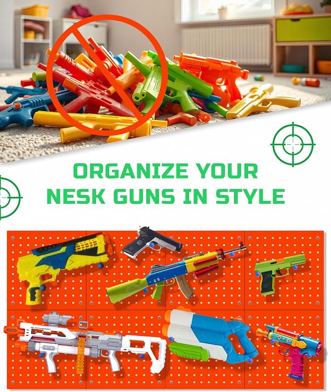 Skywin Wooden Pegboard Wall Organizer for Nerf Gun - 2 Pack - Orange | 8 MDF Panels, 20 Wooden Pegs, Compatible with All Blasters Nerf Gun Rack Organizer for Wall Organization