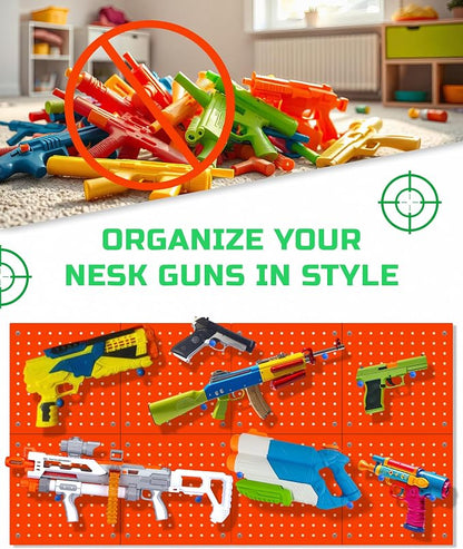 Skywin Wooden Pegboard Wall Organizer for Nerf Gun - 2 Pack - Orange | 8 MDF Panels, 20 Wooden Pegs, Compatible with All Blasters Nerf Gun Rack Organizer for Wall Organization