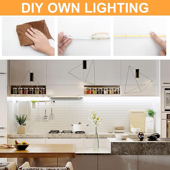 AXMOTUT 65.6ft White COB LED Strip Light, High Bright LED Strips with 320LEDs, RF Remote and UL Power Supply, 6000K Dimmable LED Lights for Bedroom, Kitchen, DIY Home Decoration, 2 Rolls of 32.8ft