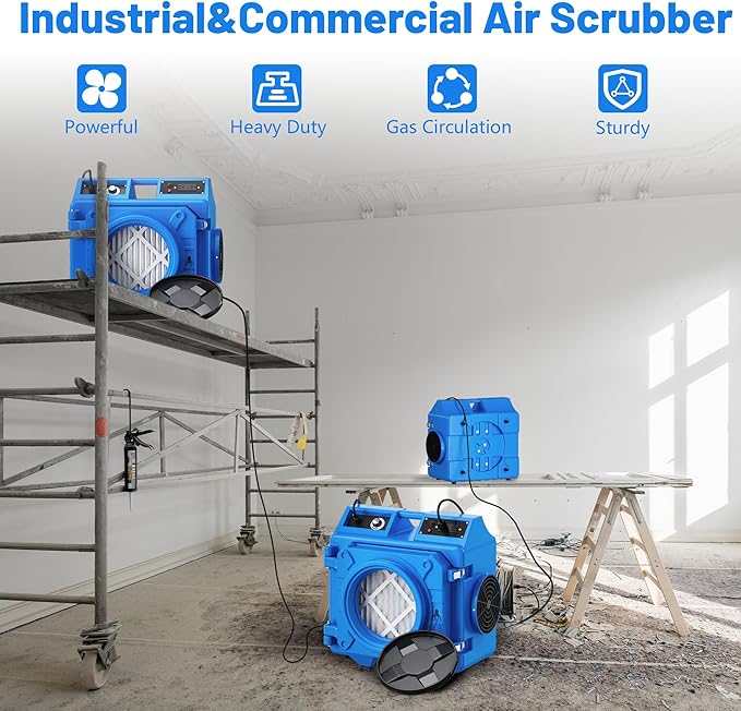 Air Scrubber with 3 Stage Filtration, 550CFM Stackable Negative Air Machine for Industrial and Commercial Use, Heavy Duty Air Cleaner with HEPA/Activated carbon Filter, Blue-3PC