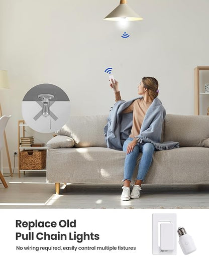 Zoiinet 500W Remote Control Light Bulb Socket, Wireless Light Switch for Pull Chain Lighting Fixture, E26 E27 Bulbs Base Holder, Programmable, No Wiring Needed, for Bedroom, Stair, Closet & Garage | 300ft, for Pull Chain Light Fixture, E26 E27 Bulbs Ba...