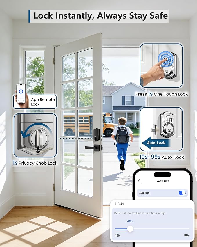 TEEHO TE011W WiFi Keypad Deadbolt, Smart Locks for Front Door, Satin Nickel