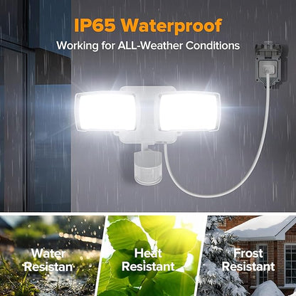 LUTEC 21W 2 Pack Plug in Motion Sensor Light Outdoor, Flood Lights Outdoor Motion Sensor,2500LM, 5000K Daylight,IP65 Waterproof,Adjustable 2 Heads Wall Light for Garage, Porch, Yard - White