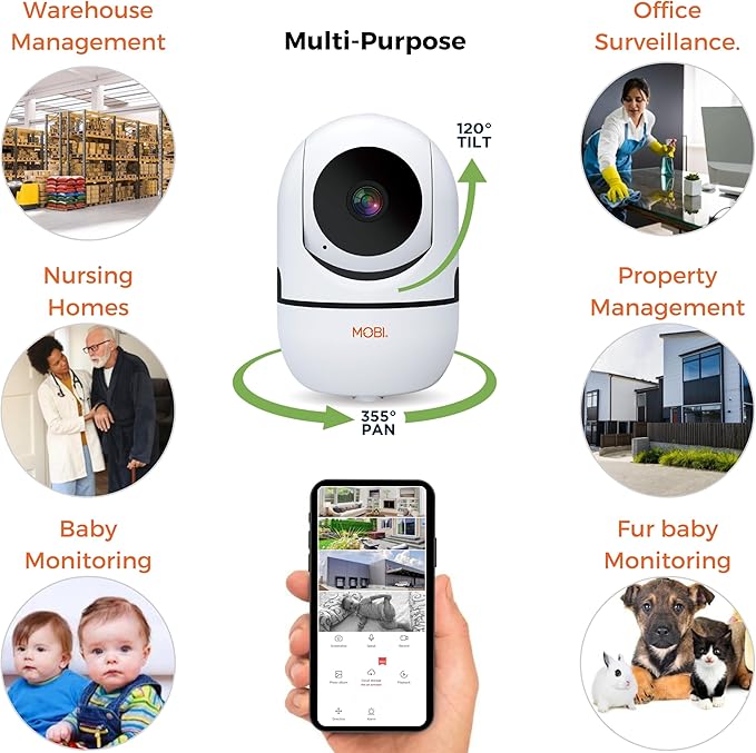 MobiCam HDX Wi-Fi Pan & Tilt Smart Nursery, Elderly & Home Monitoring Camera, 1080p HD Indoor Security Night Vision IP Camera, Motion Detection, Two-Way Audio, Cloud & SD Card Storage - (2-Pack)