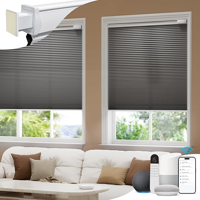 No Drill Motorized Cellular Shades, Cordless Light Filtering Honeycomb Blinds for Windows, Smart Automatic Blinds Compatible with Alexa/Google Home/Smarthings, Gray