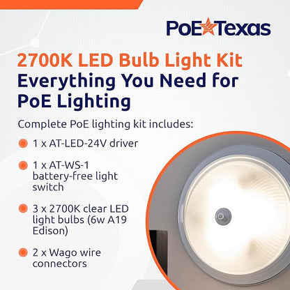 PoE Texas - PoE Lighting Plug and Play Kit with 24V LED Driver, 3X 2700K 6W LED Light Bulbs, Wireless Light Switch - Efficient 6 Watt led Light Bulbs, 40 Watt Equivalency, Soft Warm White A19 Bulb