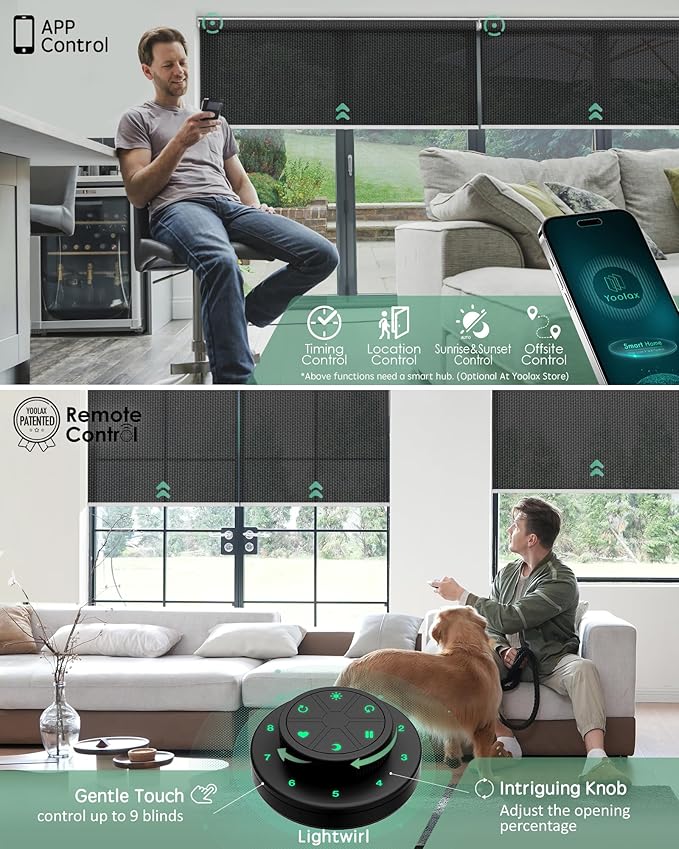 Yoolax Motorized Blinds with Remote, Flame Resistat mart Roller Shades Work with Alexa, Google, Apple Homekit, Custom Automatic Shades with Voice Control for Living Room (5% Openness Black)