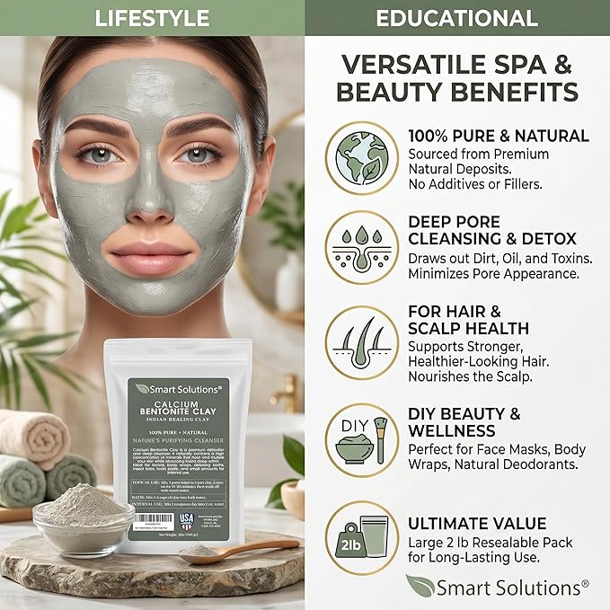 SMART SOLUTIONS Calcium Bentonite Clay, 2 lb Pure Indian Healing Clay - All Natural for External Use | DIY Facial Treatments, Deodorants, Hair Masks