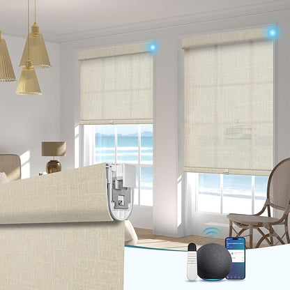 BERISSA Smart Motorized Blinds with Remote,No Drill Automatic Roller Blinds for Indoor Windows,Filter Linen Fabric,Electric Shades for Windows Home Office,See-Through Linen Beige,Custom Size