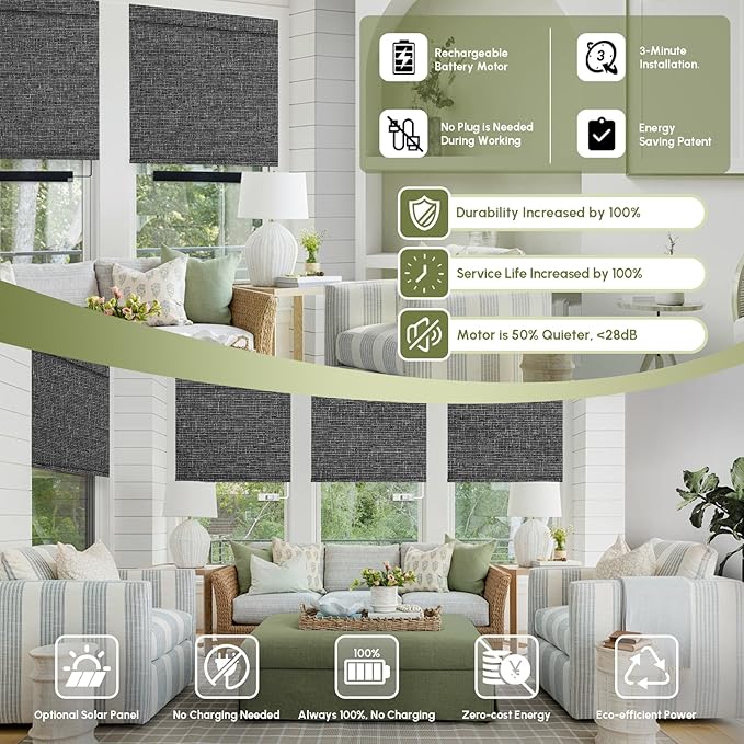 FineTell Motorized Blinds with Remote, 100% Blackout Roller Shades Compatible with Alexa,Apple Homekit,Google Home APP and Voice Control, Customized Electric Blinds (100% Blackout Classic Dark Grey)
