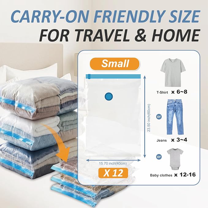 Vacuum Storage Bags with Hand Pump, Vacuum Seal Space Saver Bags,12 Small | 80% Space-Saving Bags for Clothes & Travel Essentials; Double-Zip Airtight Seal; For Luggage, Home & Travel Storage