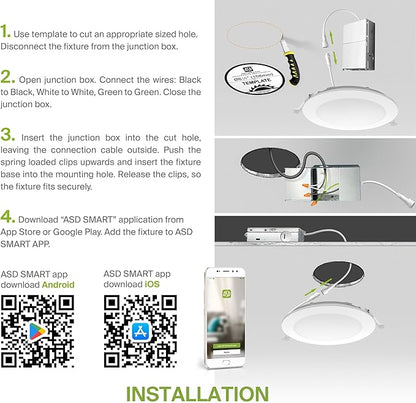 ASD 1 Pack LED Smart Recessed Lighting 6 Inch 15W, RGBW Color Changing Lights, Compatible with Alexa & Google Assistant, Dimmable 2700K-6500K Selectable RGB Lights, WiFi Bluetooth Ceiling Light, ETL