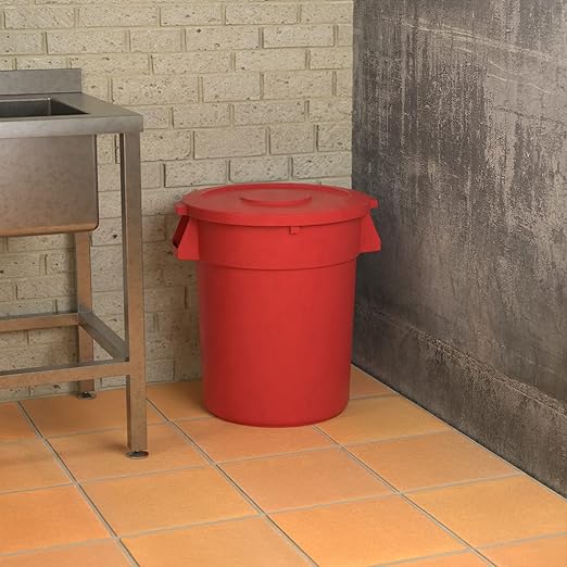 32 Gallon Red Round Commercial Trash Can with Lid, Heavy-Duty Food Grade NSF Certified, Perfect for Restaurant, Office, School, Garage, Backyard, Workshop, Warehouse