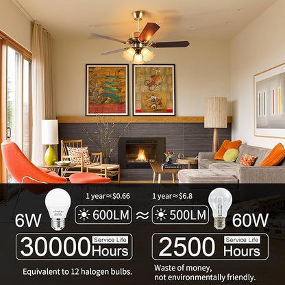 comzler 12 Pack E26 LED Light Bulb, 2700K Warm White 6 Watt 60W Equivalent Small Light Bulbs, A15 Shape Medium Screw Base for Ceiling Fan, CRI 85+, 400Lumen, Non-Dimmable, Home Lighting Decorative
