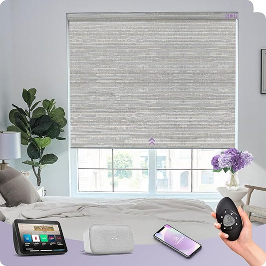 Graywind Smart Blackout Roller Shades Compatible with Alexa Google Textured Fabric Rechargeable Motorized Blinds Cordless Remote Control Window Shades, Custom Size (Metallic Fuscous Grey)