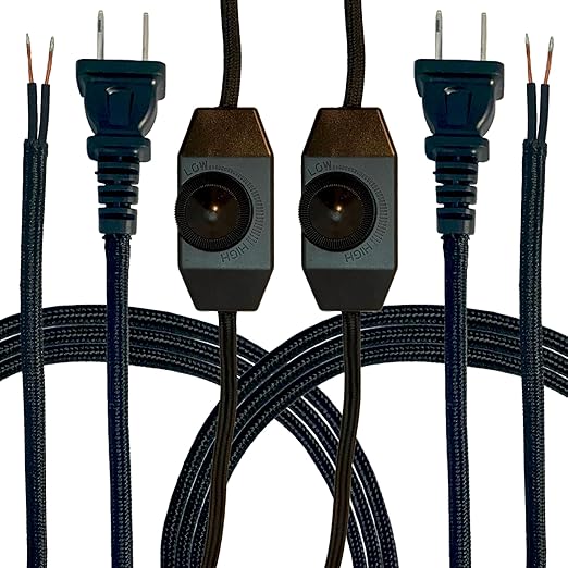 Royal Designs, Inc. Lamp Cord Molded Plug with Dimmer Switch, Stripped Ends Ready for Wiring, 8 ft long, Black, SPT-1 UL Listed, Set of 2 (CO-5001D-BLK-8-2)