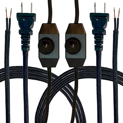 Royal Designs, Inc. Lamp Cord Molded Plug with Dimmer Switch, Stripped Ends Ready for Wiring, 8 ft long, Black, SPT-1 UL Listed, Set of 2 (CO-5001D-BLK-8-2)