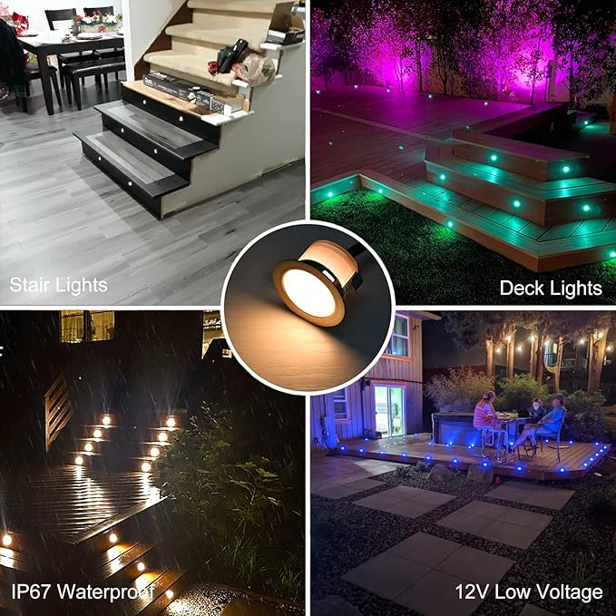 Sumaote 50pc LED Deck Lights Kit, Smart RGBW Φ1.22 Low Voltage Recessed Lighting IP67 Waterproof In-ground Landscape Lights for Steps, Wedge, Deck, Patio - Black Shell