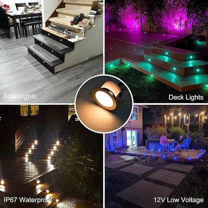 Sumaote 50pc LED Deck Lights Kit, Smart RGBW Φ1.22 Low Voltage Recessed Lighting IP67 Waterproof In-ground Landscape Lights for Steps, Wedge, Deck, Patio - Black Shell