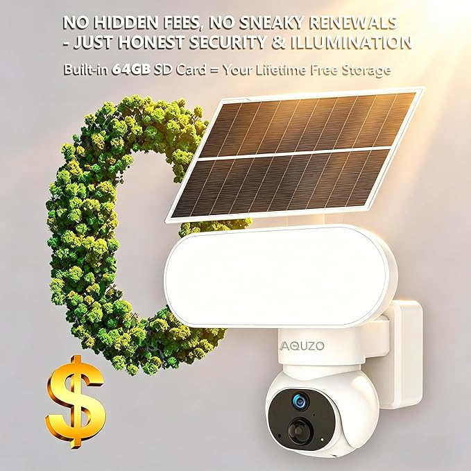 Solar Floodlight Camera with 1500LM Bright Lights-2K Wireless Outdoor Security PT Cam, Motion Activated Color Night Vision Illuminates Entire Yard & Driveway, No Monthly Fee, 64GB SD Card Included