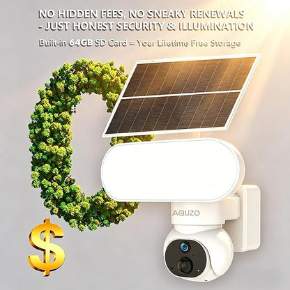 Solar Floodlight Camera with 1500LM Bright Lights-2K Wireless Outdoor Security PT Cam, Motion Activated Color Night Vision Illuminates Entire Yard & Driveway, No Monthly Fee, 64GB SD Card Included