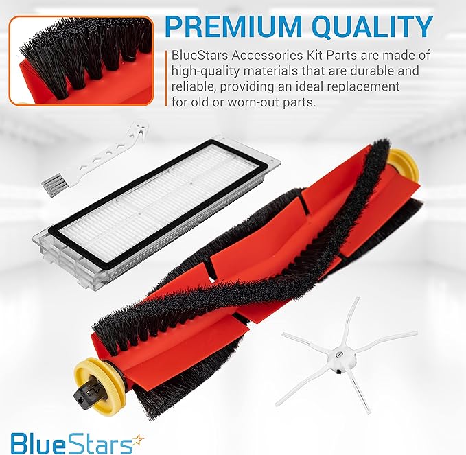BlueStars Replacement Parts Compatible with Roborock S6 Pure S6 E4 S4 S4 Max S5 S5 Max E2 E3 E5 E20 E25 E35 S50 S65 Xiaomi Mijia Robot Vacuum – 2 Main Brush 6 Side Brush 4 HEPA Filter 1 Sweeping Brush