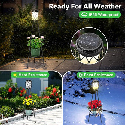 MXwcy 2-in-1 Solar Lights Outdoor with Plant Stand, Waterproof Vintage Solar Floor Lamp & Metal Planter Holder, Tall Geometric Lantern Tripod for Patio, Garden, Yard, Porch Decor (2 Pack)