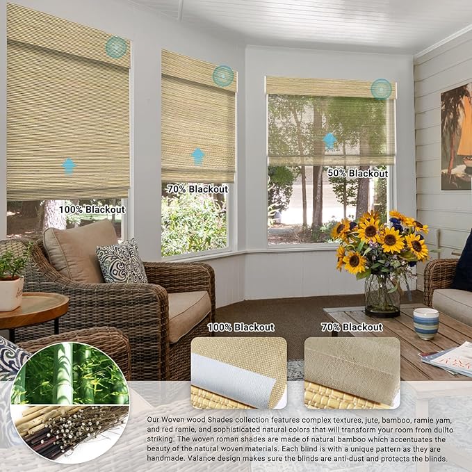 SmartWings Motorized Natural Woven Wood Shades Work with Matter Thread Homekit Z-Wave Alexa Google, 50%/70%/100% Blackout Electric Auto Roman Shades Cordless Remote Control Customized, Bamboo 019